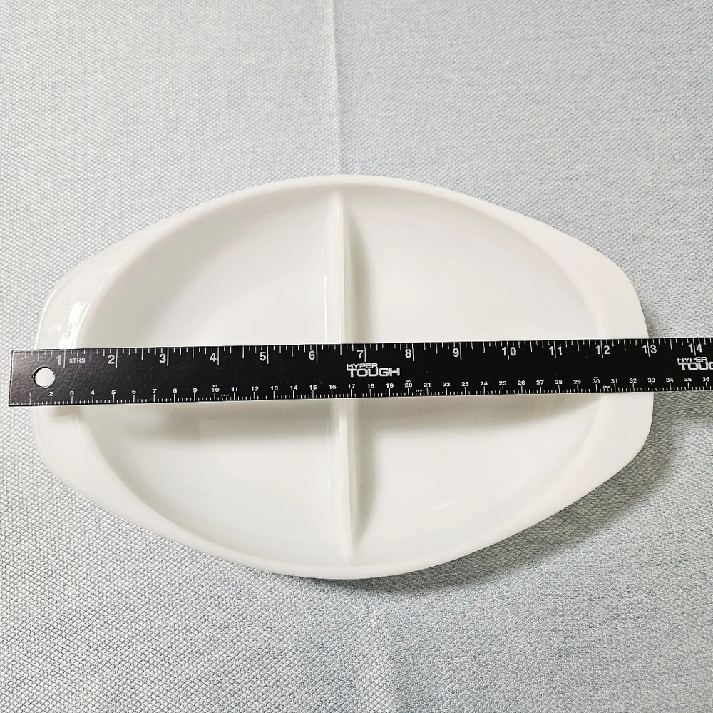 Vintage PYREX 1063 Divided Casserole 1 1/2 Qt. Oval Dish Stoneware USA White 13